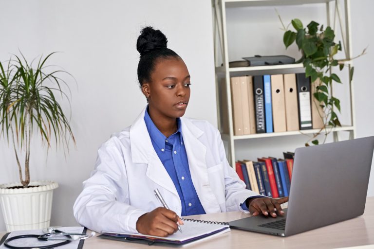 female doctor attending webinar