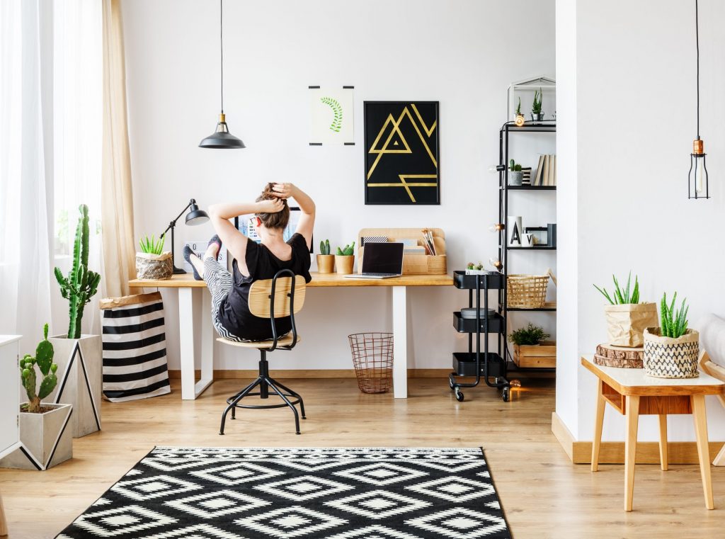 Young freelance woman working remotely at designer home in cozy white office room with pendant lamps, white wall, big window, comfy couch and aloe plant standing on wooden retro table