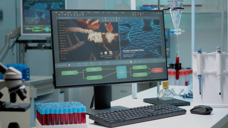 Close up of a computer with a biotechnology animation on the screen in a lab